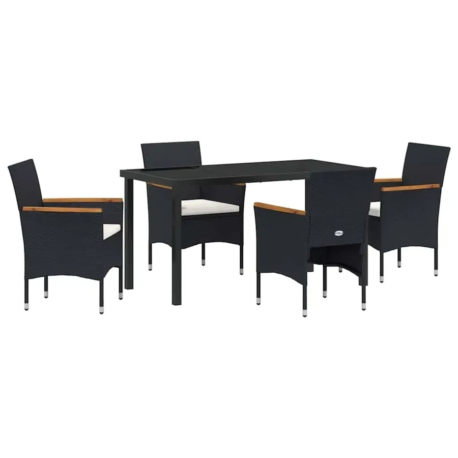 vidaXL Garten Essgruppe aus Poly-Rattan und Akazienholz mit Glasplatte und Kissen, 5-teilig, Schwarz - Bild 2