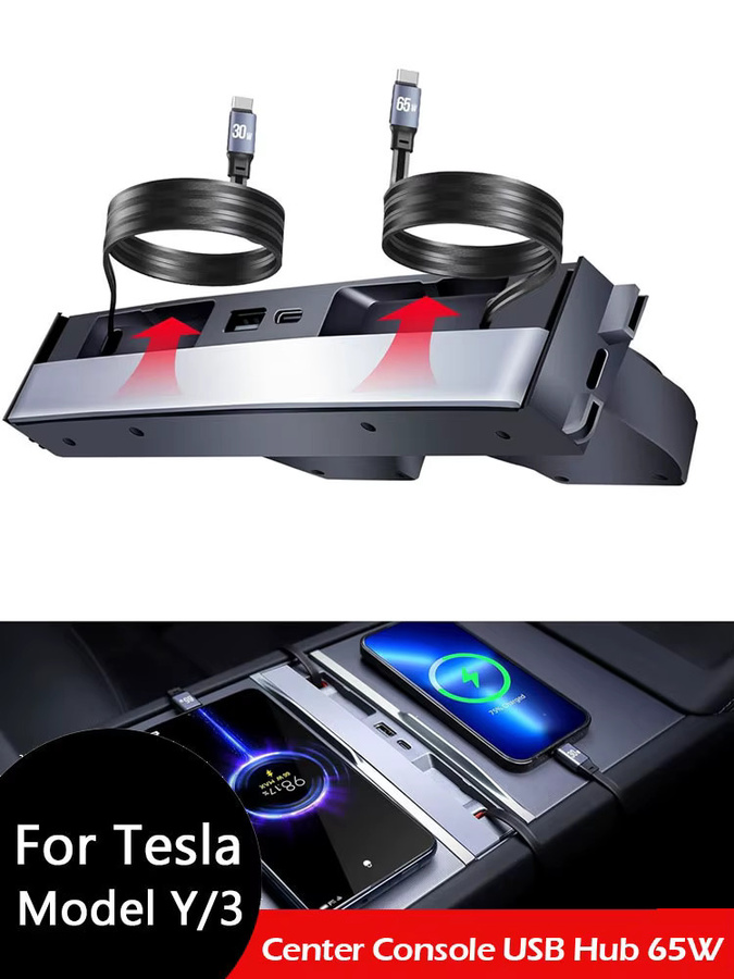 MIYOKAKING 65W USB-Hub für Tesla Model Y Juniper und Model 3 Highland, 4-Port USB-C Schnellladegerät, Schwarz - Bild 6