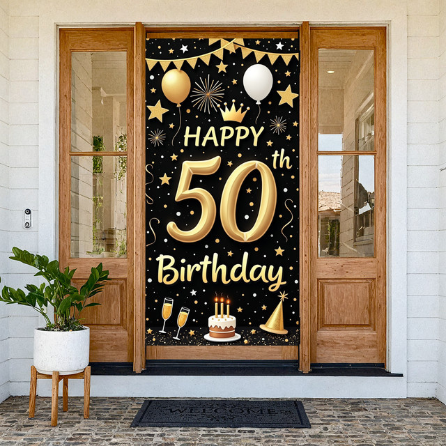 Goldenes 50. Geburtstags-Banner mit Feuerwerk-Muster und Glitzer-Stil als dekorativer Hintergrund für deine Feier in Gold - Bild 1