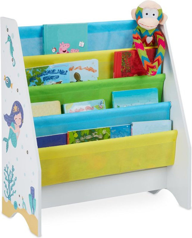 Relaxdays Kinder Bücherregal mit 4 Hängefächern und Meerjungfrau-Motiv, Mehrfarbig und Weiß, B/H/T: 71 x 62 x 29 cm - Bild 1