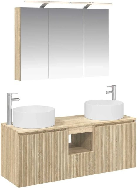 vidaXL Badezimmerschrank-Set 4-teilig in Sonoma-Eiche, bestehend aus Waschtischunterschrank, Spiegelschrank mit LED-Beleuchtung und Hochschrank, Farbe Braun, B/T/H: 100 x 14,5 x 70 cm - Bild 1