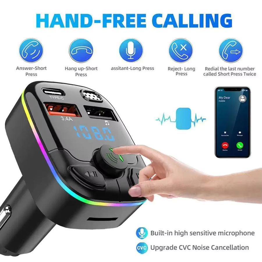 Kankeirr Bluetooth FM Sender mit PD und Dual USB 3.1A Schnellladegerät, MP3-Modulator mit buntem Umgebungslicht, Schwarz/Multicolor - Bild 2