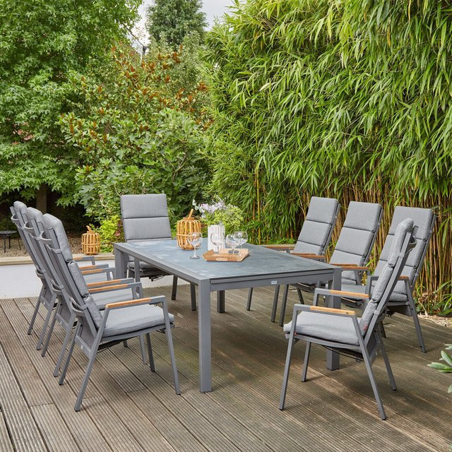 Siena Garden Savona/Kingston Garten-Essgruppe aus Aluminium, Teak, Keramik und Textil in Matt Graphit/Grau mit ausziehbarem Tisch und 8 Stapelsesseln, Tisch B: 220-340 cm, B: 108 cm, H: 76 cm - Bild 1