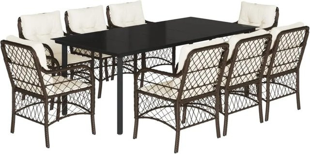 vidaXL 9-teilige Garten-Essgruppe aus Poly Rattan mit Kissen und Glastisch in Braun - Bild 1