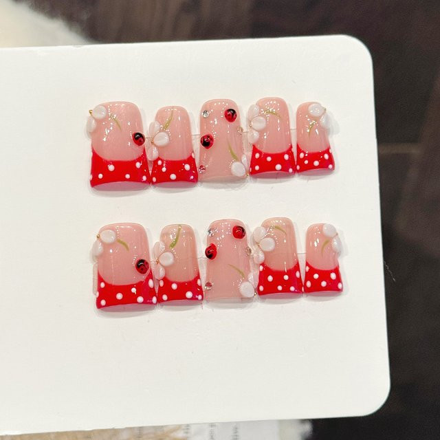 YADORNOS Press On Nails, rote Kunstnägel, 3D Blumen Dekor, glänzend - Bild 1