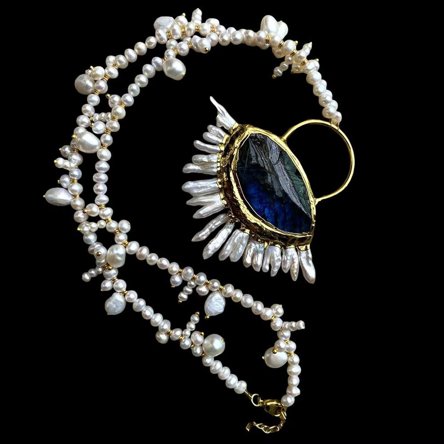 YYGEM Perlenkette, Blauer Labradorit, Keshi-Perlen, Messing, Gold, Damen - Bild 3