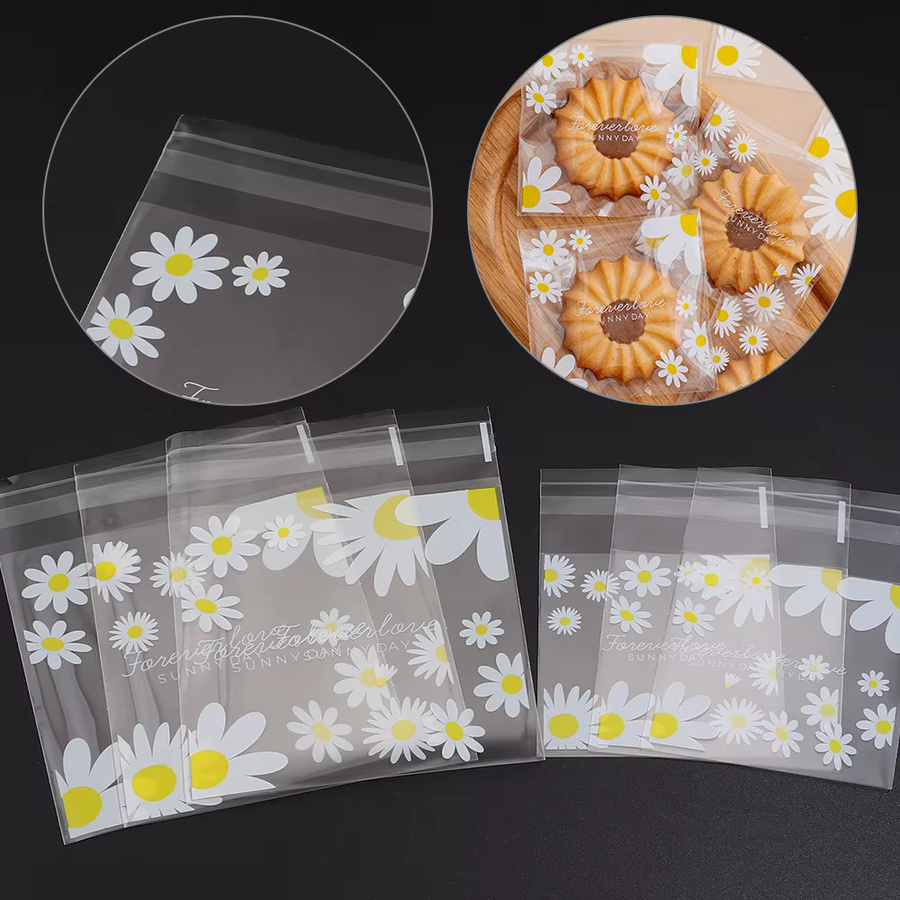 100 Stück transparente Geschenktüten mit Gänseblümchen-Aufdruck, selbstklebende Kunststoff-Verpackungstüten für Hochzeit, Geburtstag und Party - Bild 2