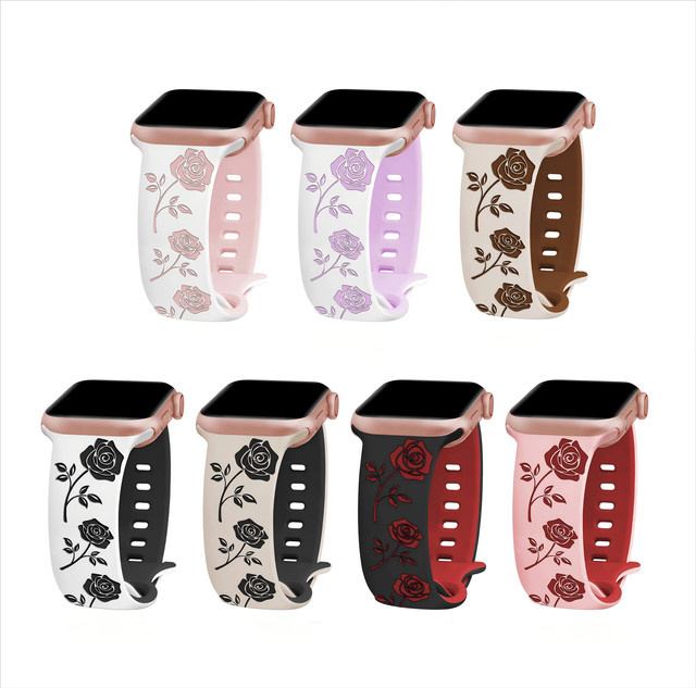 Uhrenarmband Silikon, Bicolor, Blumen graviert, Damen, kompatibel mit Apple Watch - Bild 1