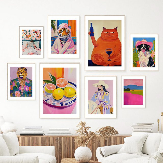 Potdemiel Wandkunst Leinwandmalerei mit Tiger und Katze im Aquarell-Stil, Skandinavisches Poster für deine Zimmerdekoration, Mehrfarbig - Bild 1