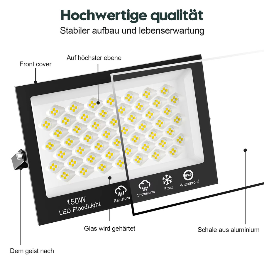 Wasserdichter LED-Flutlicht Strahler in Schwarz, 100 W, IP66 COB Außenleuchte für Garten und Wand - Bild 4