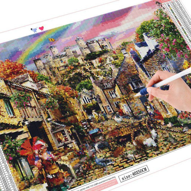 FIYO 5D DIY Diamantmalerei Landschaft und Stadt als Mosaik-Set, Mehrfarbig, Breite: 20 cm, Höhe: 30 cm - Bild 1