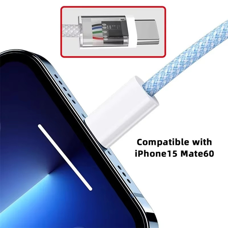 GeydrQ USB-C auf USB-C Schnellladekabel PD 60W mit buntem Geflecht für iPhone 16/15 Pro, Huawei, Xiaomi und Samsung - Bild 2