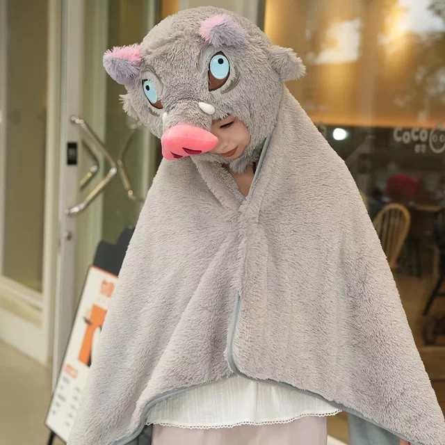 MINISO Dämon Slayer Inosuke Wildschwein Kapuzen-Decke aus Fleece in Grau - Bild 1