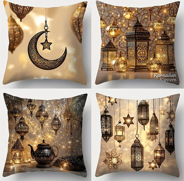 ZZN Kissenbezug mit Ramadan-Aufdruck in Orientalischem Design mit Mond, Sternen und Teekanne, quadratisch, Breite: 45 cm, Höhe: 45 cm - Bild 1