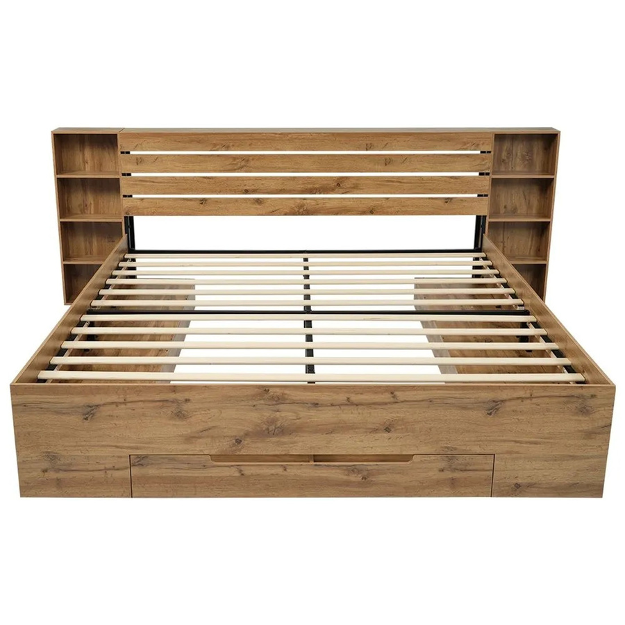 okwish Holzbett in Eiche mit LED-Beleuchtung, USB-Anschluss und Stauraum durch Schubladen, B/T/H: 160 x 200 cm, Farbe: Braun - Bild 2