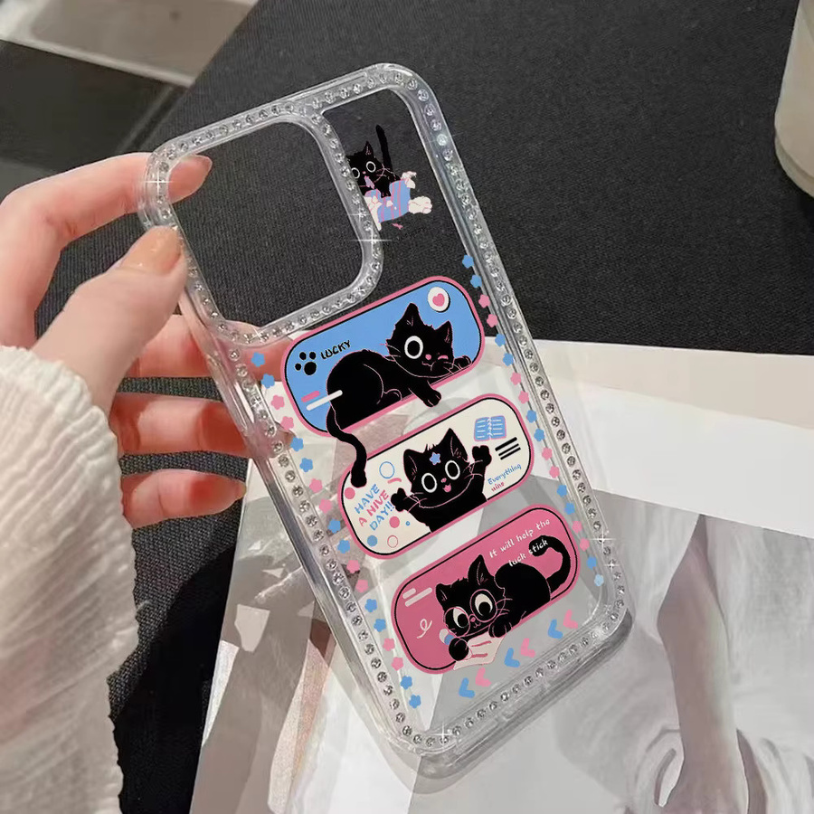 Bling Diamond Handyhülle für iPhone 17 Pro Max 16 15 14 13 12 11 Air mit schwarzer Katze, stoßfeste Silikonhülle, Schwarz/Transparent - Bild 4