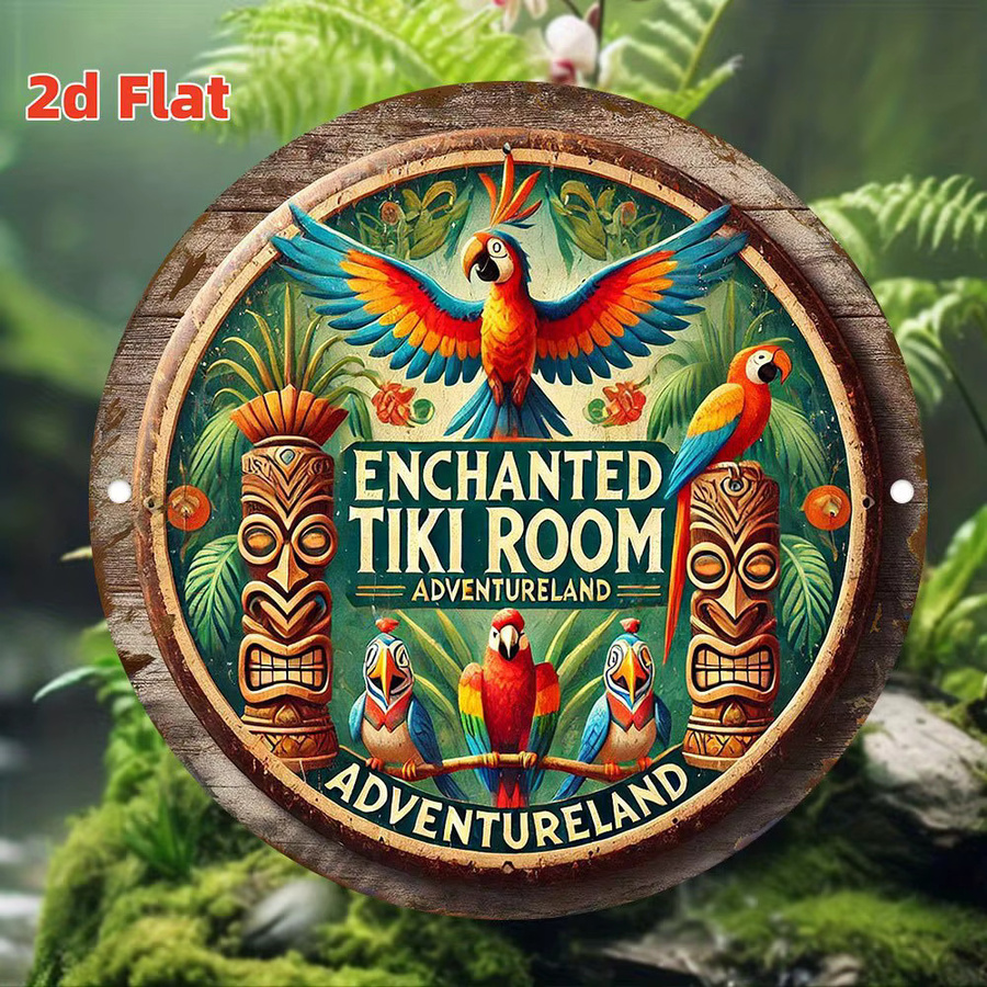 Potdemiel Enchanted Tiki Room Adventureland Metallblechschild mit Papageien- und Tiki-Masken-Design, rund, mehrfarbig, Durchmesser: 20 cm - Bild 2