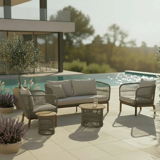 Bessagi Garden Loungegarnitur Malene aus Akazienholz und Metall mit Outdoorstoff und Polstern in Beige und Grau - Bild 1