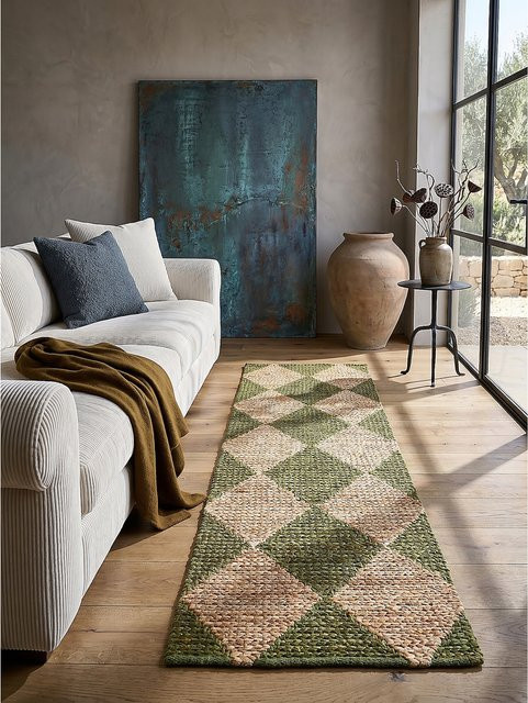 Läufer Kadima Design Rauten in Olivegrün aus Jute und Baumwolle B: 80 cm, L: 230 cm - Bild 1