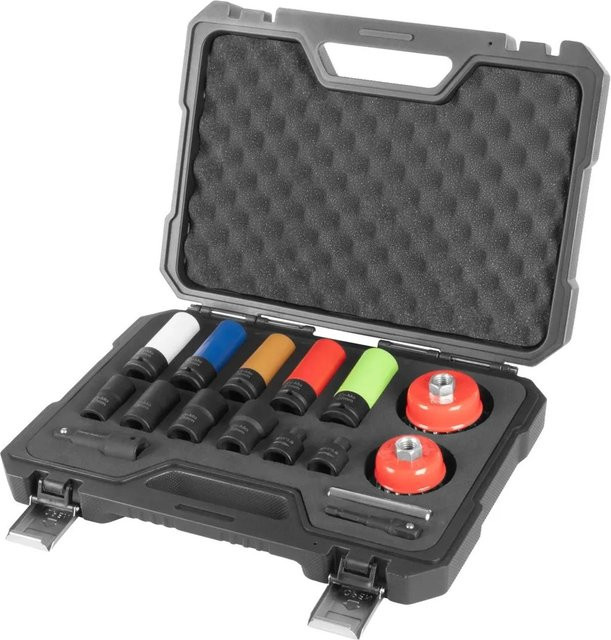 STAHLWERK 16-teiliges KFZ-Werkzeugset mit 5 Stecknüssen, 4 Ausdrehnüssen (17 mm, 22 mm) und 2 Topfbürsten im 1/2 Zoll Format, Schwarz/Mehrfarbig - Bild 1