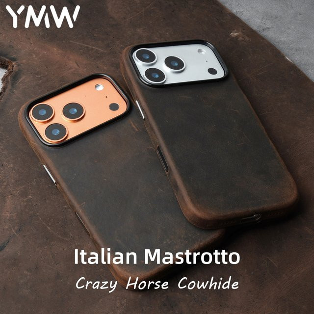YMW Italienische Crazy Horse Echtledertasche für iPhone 17 16 Pro Max 15 14, Magnetische Handyhülle aus Rindsleder in Braun - Bild 1