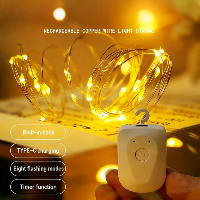 Wiederaufladbare Kupferdraht-Lichterkette von VENUSWING in Warmweiß mit Timer und 8 Beleuchtungsmodi für Weihnachts-, Hochzeits- und Halloween-Dekoration - Bild 1