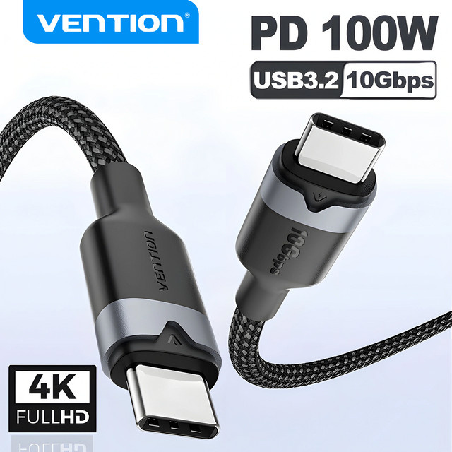 Vention USB-C-Kabel USB3 Gen2 mit 10Gbps Datenübertragung, 4K60Hz Videoübertragung und 100W PD Schnellladefunktion, Schwarz - Bild 1