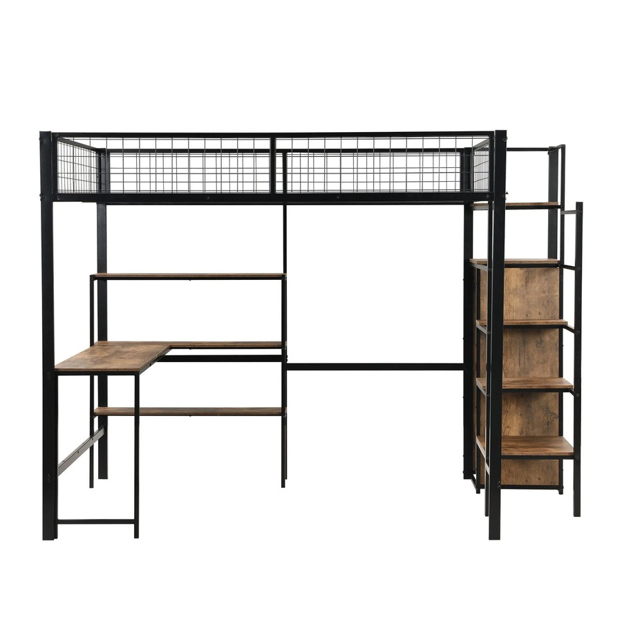KOMHTOM Hochbett in Schwarz mit Schreibtisch, Einbauschrank und Regalen, modernes Eisenbett mit Leiter und Stauraum, B/T/H: 140 x 200 x 180 cm - Bild 2