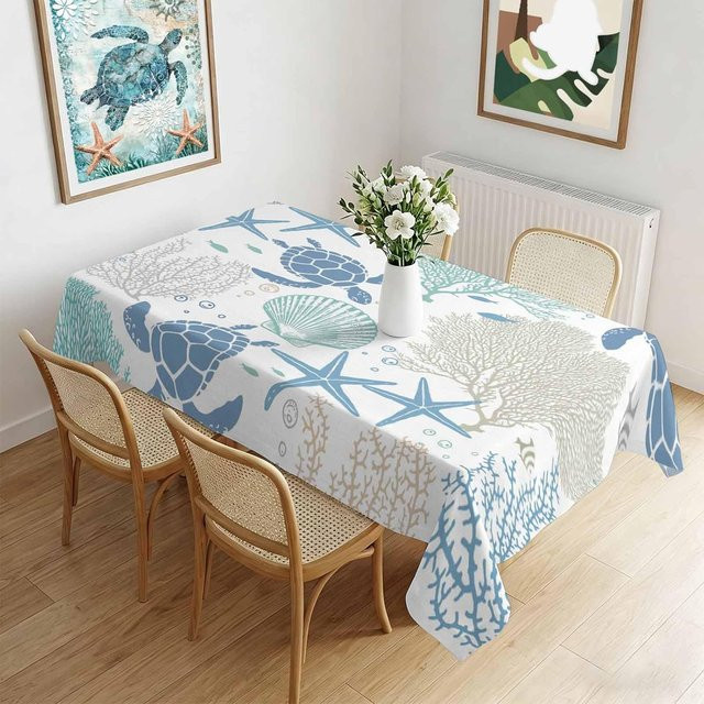 Rechteckige Tischdecke von JMG Household Supplies in Blau mit Sommer Meeresschildkröte und Seestern Motiv, B/H: 140 x 280 cm - Bild 1