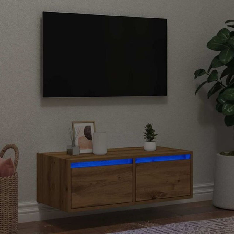 VIDAXL TV-Schrank mit LED-Leuchten in Artisan-Eiche Natur und Beige, Modernes Design, B/T/H: 75 x 35,5 x 25 cm - Bild 1