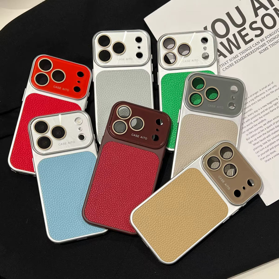 Vintage Lychee-Leder Handyhülle für Apple iPhone 17 16 15 14 13 Pro Max in Blau mit mattem Finish und Kristallglas-Fenster - Bild 4