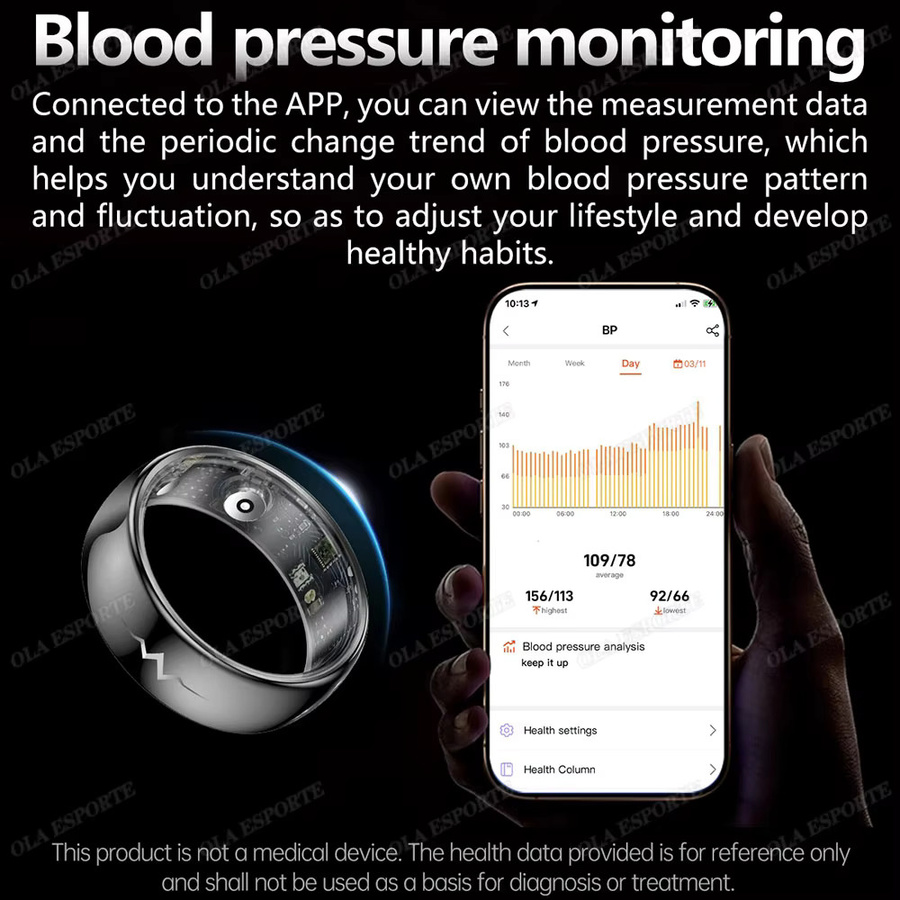 Ola Esporte Smart-Ring HT30 in Schwarz mit EKG-Erkennung, Blutdruck-, Herzfrequenz- und Körpertemperaturmessung sowie GPS-Tracking für Männer und Frauen - Bild 3