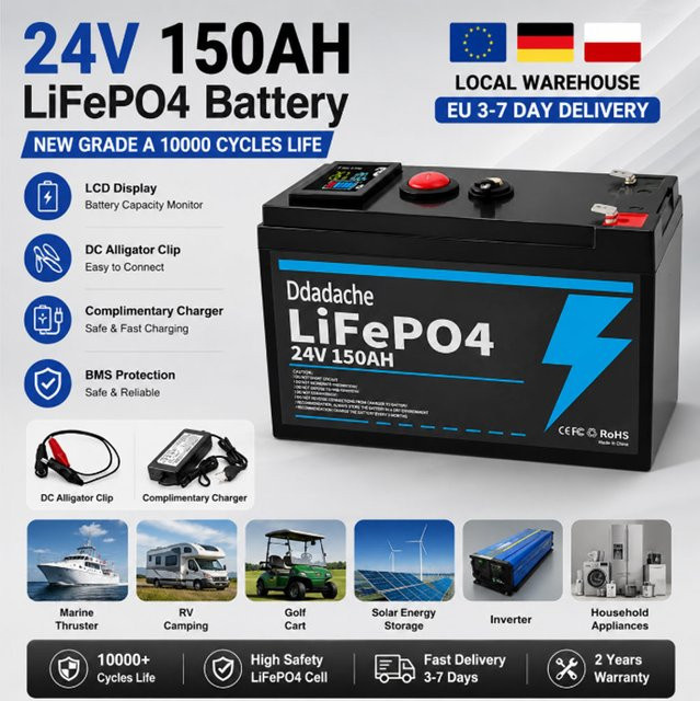 Ddadache Lithium 24V 150Ah LiFePO4 Deep Cycle Akku in Schwarz mit 4000+ Zyklen für Beleuchtung, Power Wheels und Solar- oder Windenergieanlagen - Bild 1