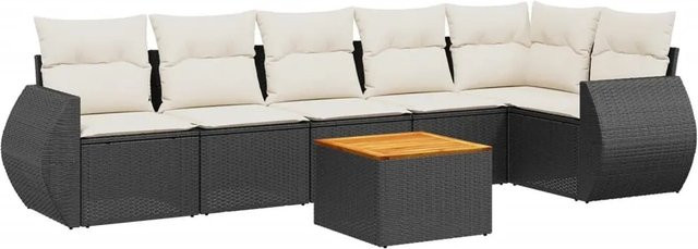 vidaXL 7-teilige Garten-Sofagarnitur in L-Form aus Poly-Rattan und Akazienholz mit Kissen in Schwarz-Creme - Bild 1