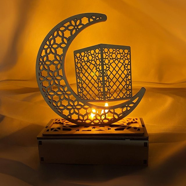 TOMTOP JMS LED Ramadan Nachtlicht aus Holz in Form eines Halbmonds, Warmweißes Mondlicht für Schreibtisch und Dekoration - Bild 1