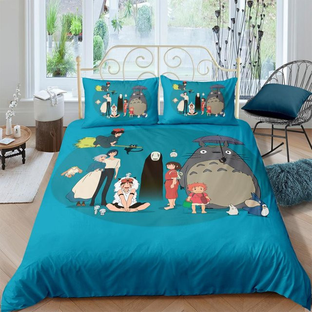 Bettwäsche Set Chihiros Reise ins Zauberland mit Totoro und Das wandelnde Schloss, 3D-Druck Design für Kinder, Farbe Mehrfarbig/Blau, B/H: 173 x 218 cm, inklusive Kissenbezug 50 x 70 cm - Bild 1