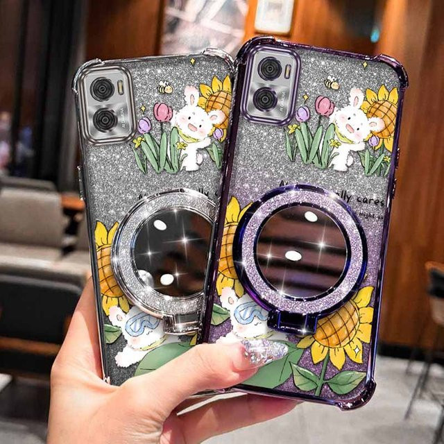 E15 Happy Rabbit Handyhülle mit Lanyard für Motorola E13 G84 G82 G64 G54 G52 G71s G30 G20 G10 G50 Pro G60 F in Multicolour und Silber - Bild 1