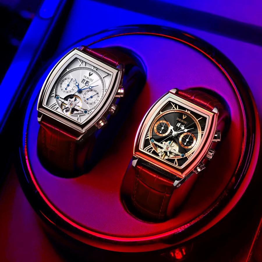 SKROX Armbanduhr Tonneau, Automatik, Edelstahl, Leder, Herren, Schwarz - Bild 2