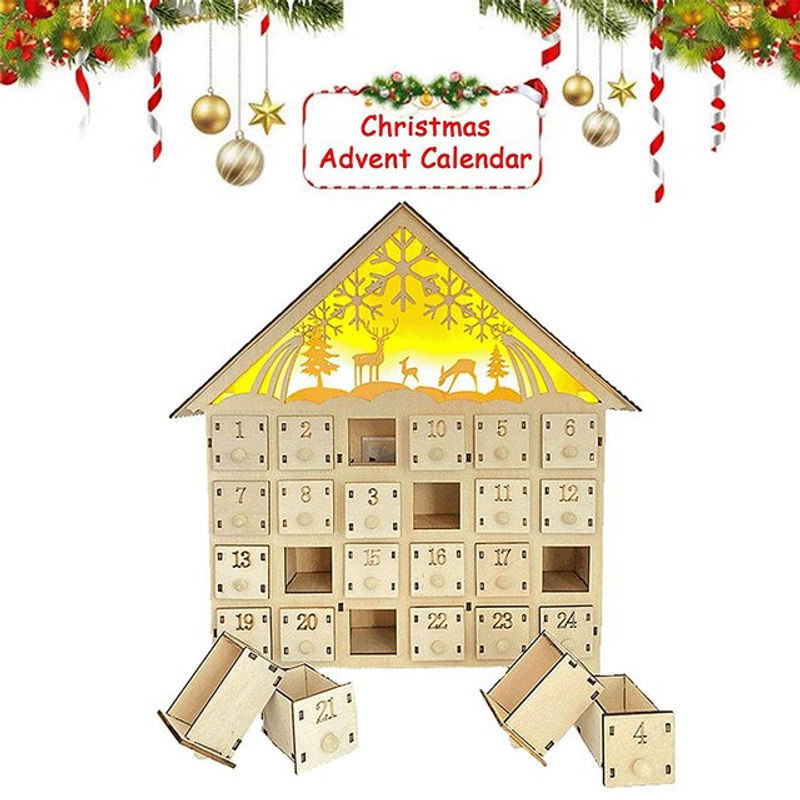 Handgemachter Adventskalender aus Holz in Hausform mit LED-Lichtern für 24 Tage, braun, skandinavisches Design - Bild 1