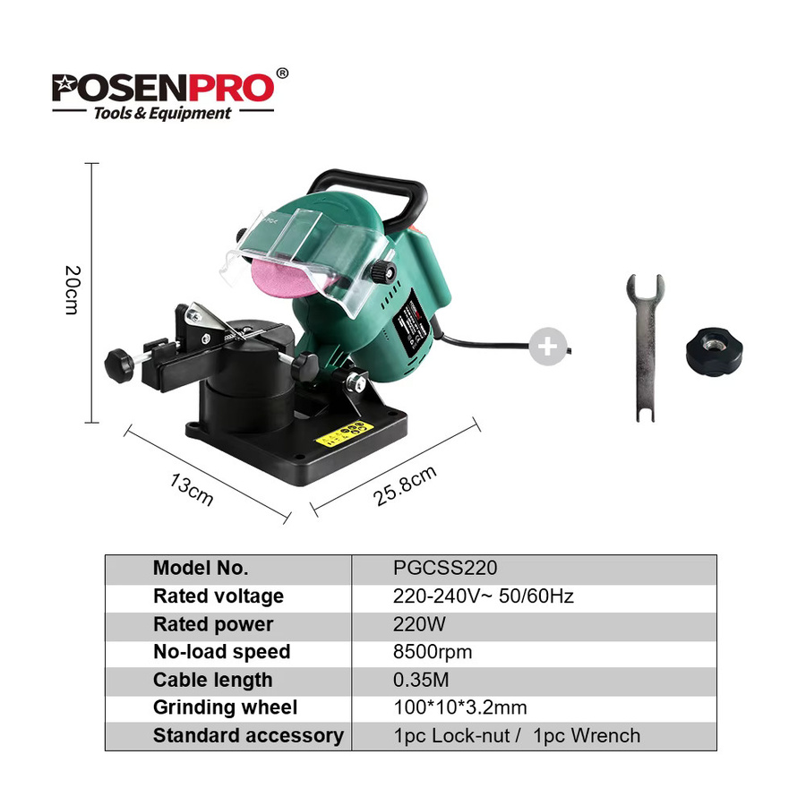 POSENPRO Elektrischer Kettensägenschärfer in Grün mit 100 mm Schleifscheibe, 220 W Kettenschleifer für Kettensägen - Bild 2