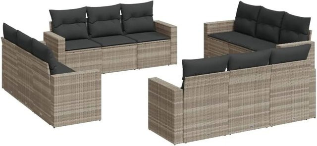 vidaXL 12-tlg. Garten-Sofagarnitur in U-Form aus Polyrattan mit Kissen, Hellgrau - Bild 1