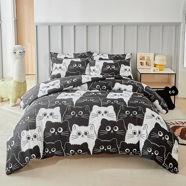 Bettwäsche Set mit Katze und Schleifen Design inklusive Reißverschluss, 3-teilig, B/H: 135 x 200 cm - Bild 1