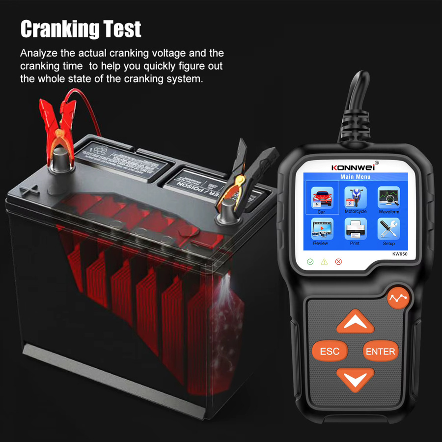 KONNWEI KW650 Batterie Tester und Analysator für Auto und Motorrad, 12V/6V, 2000CCA, Schwarz - Bild 2