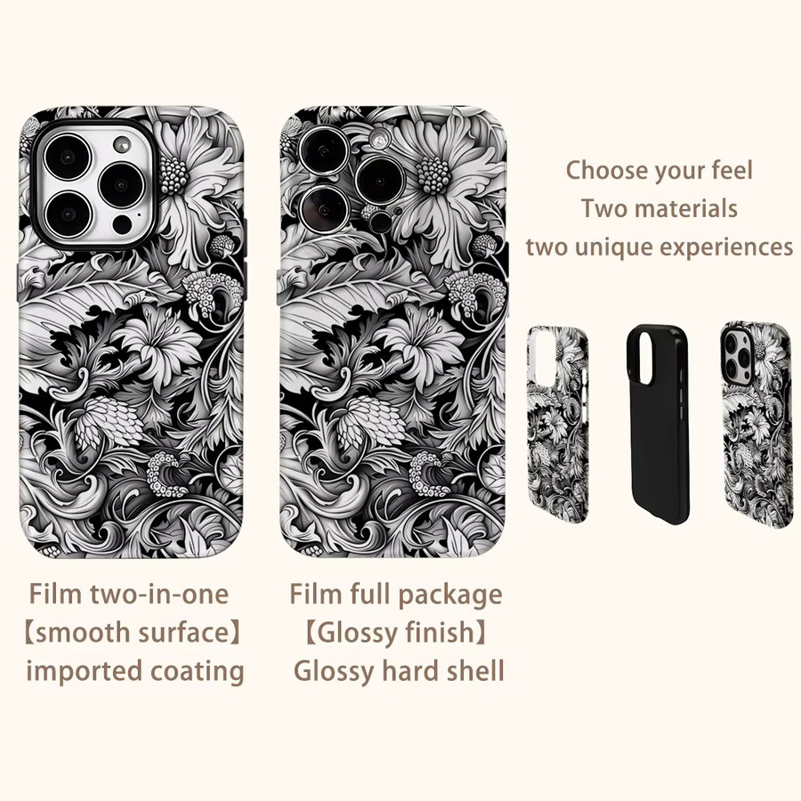 Handyhülle mit schwarz-weißem Blumenmuster für Apple iPhone 17 Pro Max, 16, 15, 14, 13, 12, 11 und weitere Modelle mit doppelschichtiger Rückseite - Bild 3