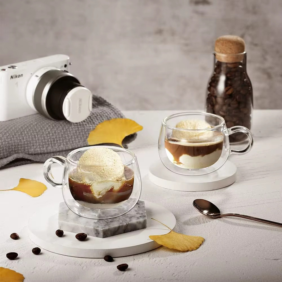 YWDL Doppelwandiges Glas-Kaffeetassen-Set aus transparentem Glas, Espressotassen mit Griff für Milch, Latte und Tee, 100/200 ml - Bild 4
