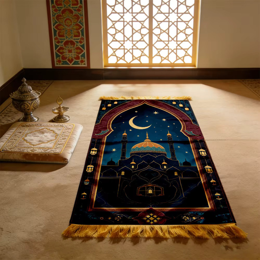 VIKAMA Gebetsteppich mit Cartoon Luxus Moschee Nacht Design, faltbare und waschbare Reise-Muslimmatte im orientalischen Stil - Bild 4
