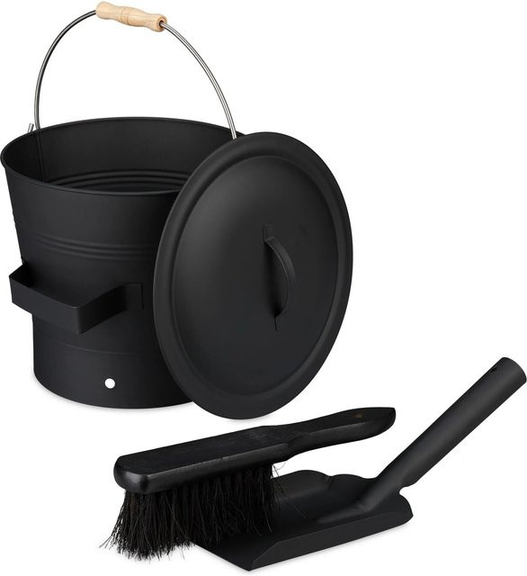 Relaxdays Ascheeimer mit Deckel und Kehrset aus Eisen in Schwarz, B/T/H: 26 x 32 x 33 cm - Bild 1