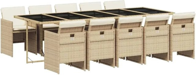 vidaXL 11-teilige Garten-Essgruppe aus Poly Rattan in Beige und Cremeweiß mit wetterfesten Kissen und Hartglas-Tischplatte - Bild 1