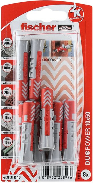 Fischer DuoPower Dübel aus Nylon in Grau und Rot, Durchmesser: 10 mm, Länge: 50 mm, 8 Stück - Bild 1