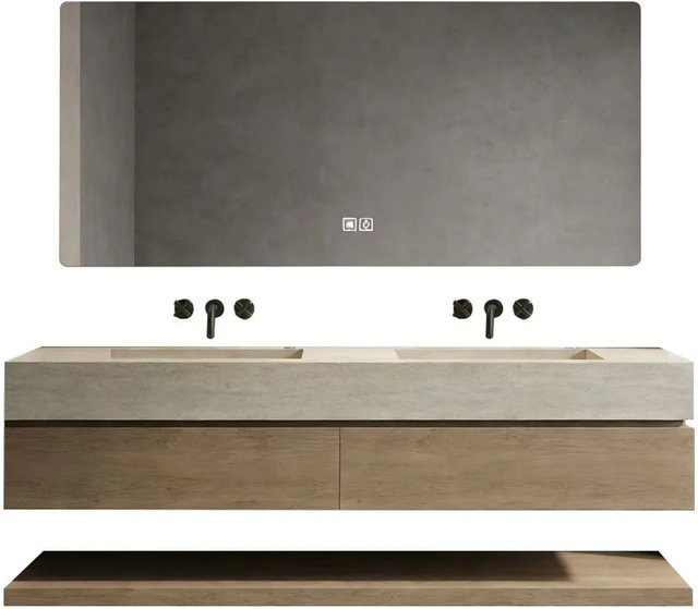 360Home Badmöbel Set mit Sinterstein Doppelwaschbecken in Travertine Look Beige, Spiegel und Unterschrank mit Ablage, B: 130 cm, T: 55 cm - Bild 1